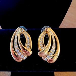 Vintage Retired Pave Rhinestone Goldtone Nolan Miller Swirl Earrings. HTF
